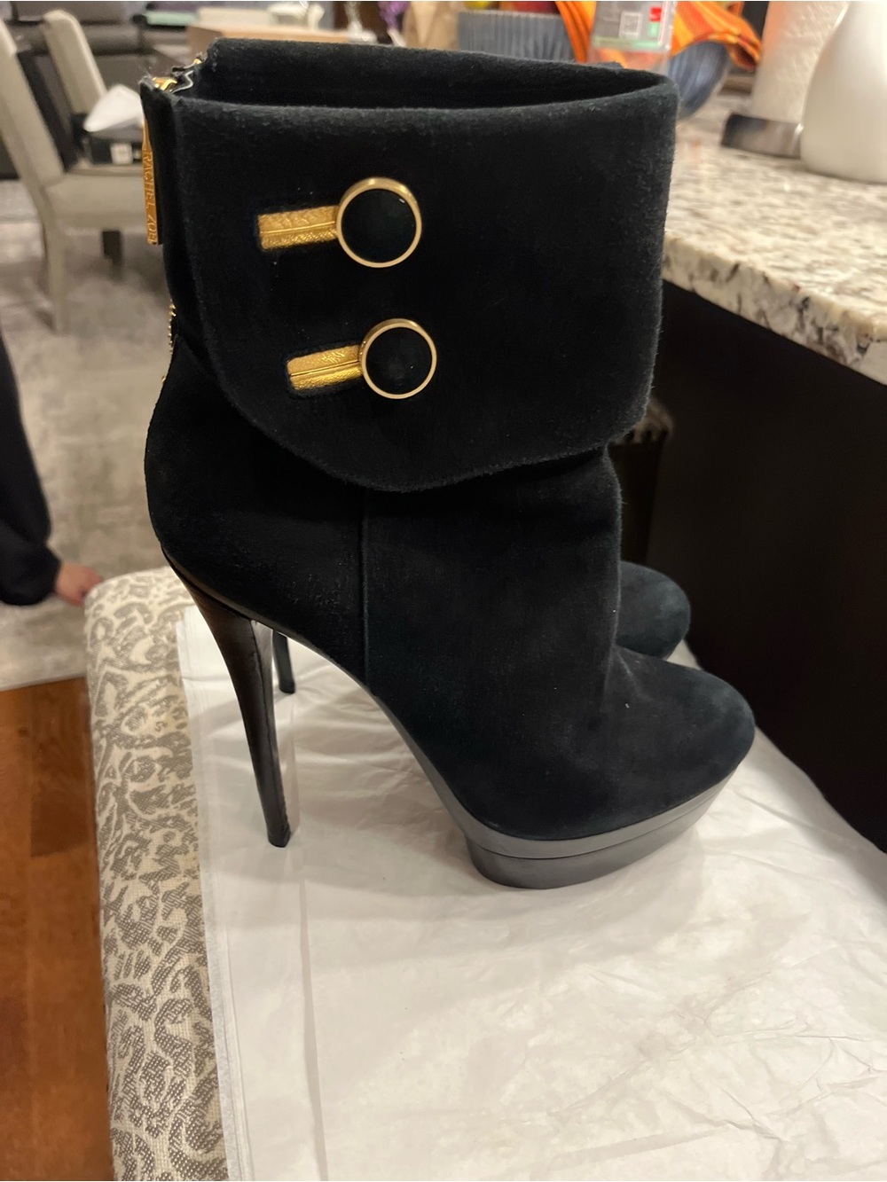 Rachel Zoe Black Suede Fold-Over Platform Ankle Boots with Gold Rings